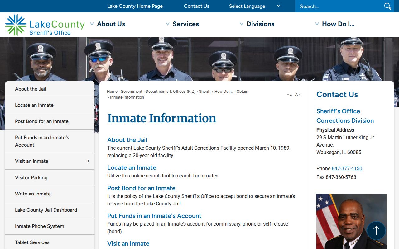 Lake County Sheriff Inmate Information page with Adult Corrections contact and search links