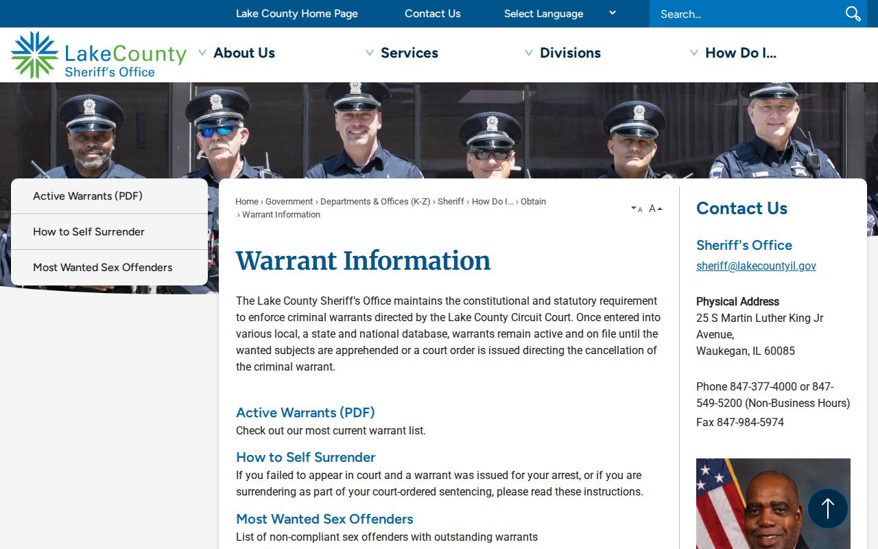 Lake County Sheriff warrant information page explaining court-directed warrants and official checks