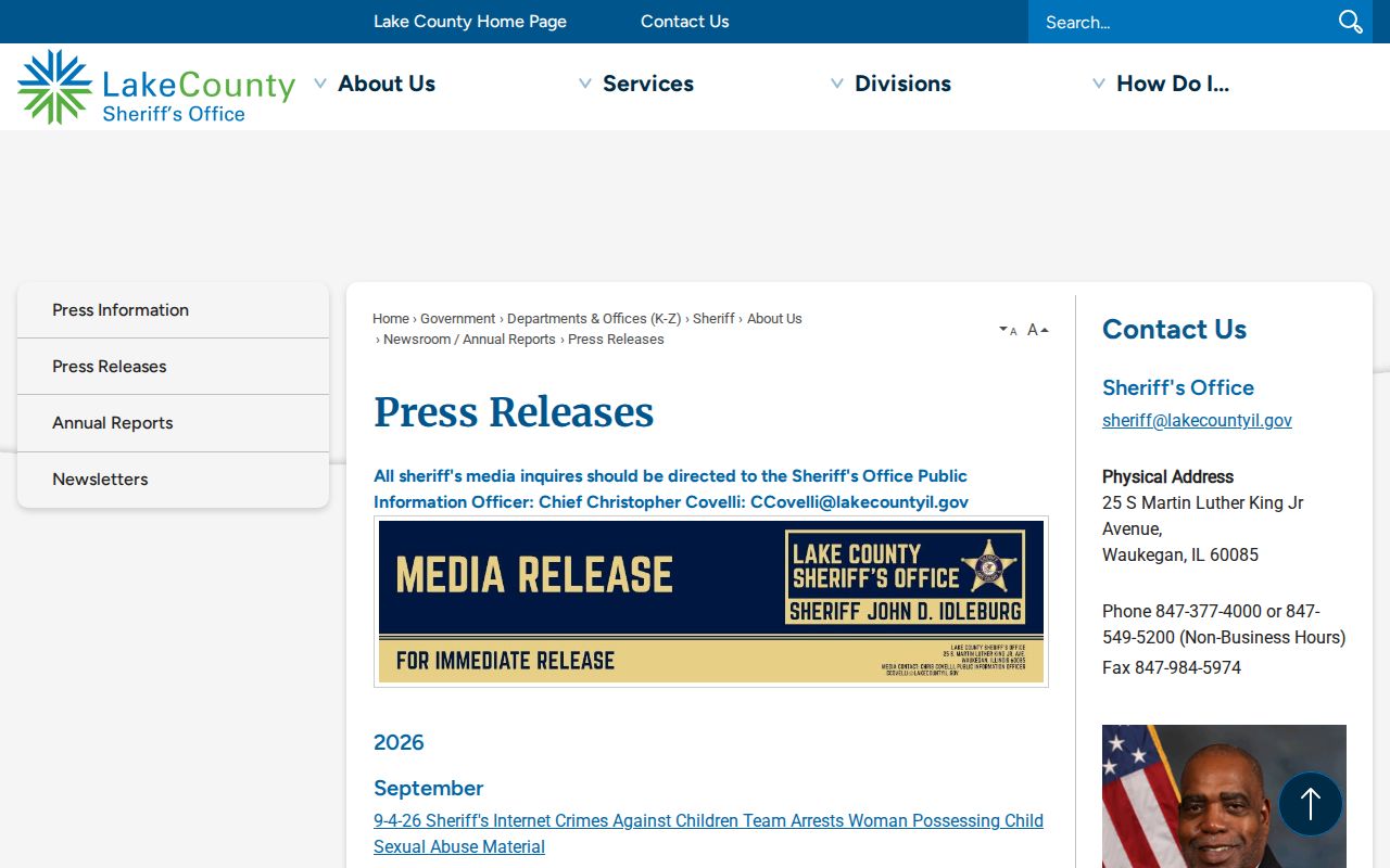 Lake County Sheriff press release archive showing weekly arrest summary publication links