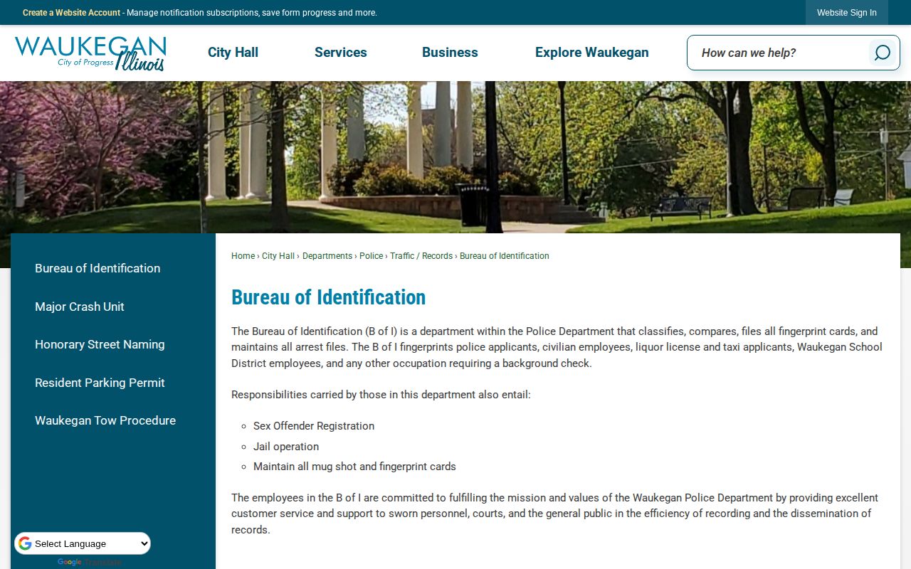 Waukegan Bureau of Identification arrest file and mugshot record information