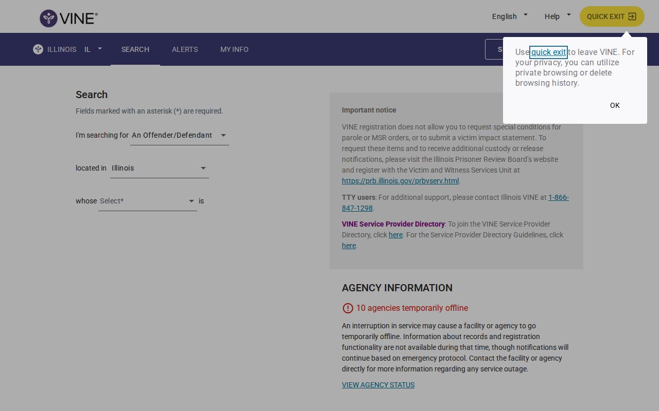 VINELink Illinois person search and agency controls