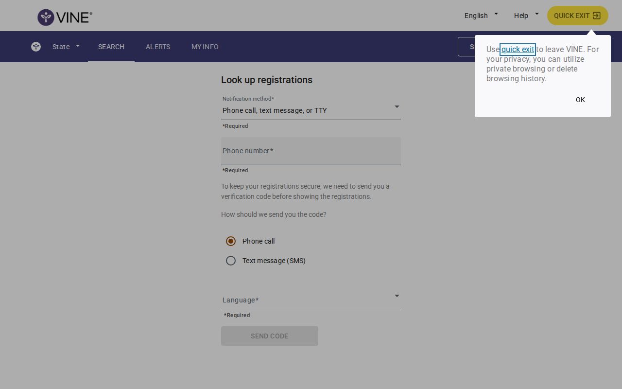 VINELink notification registration controls and privacy information