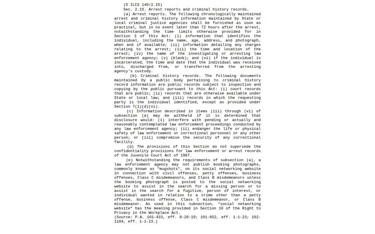 Illinois statute page describing the 72-hour arrest information rule and booking photo limits