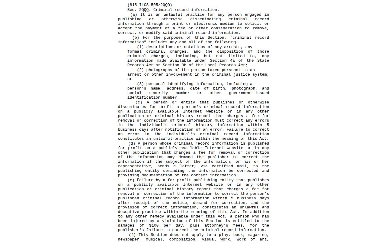 Illinois Consumer Fraud Act provision covering fees to remove arrest information and photos